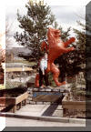 The big red lion outside the craft centre at Santa Claus Land.1980